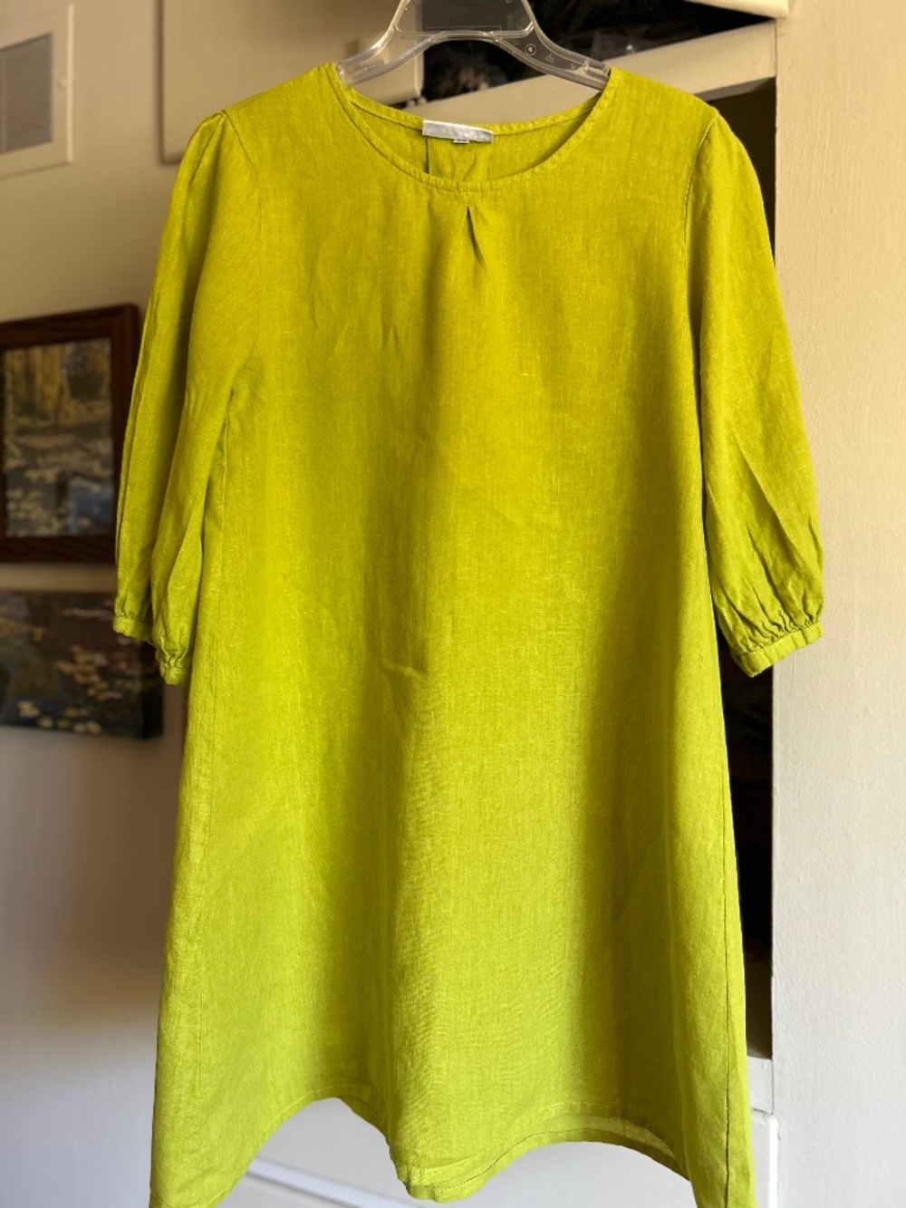 Bryn Walker Lucien Linen Round Neck 3/4 Balloon Sleeve Lime Green Dress XS